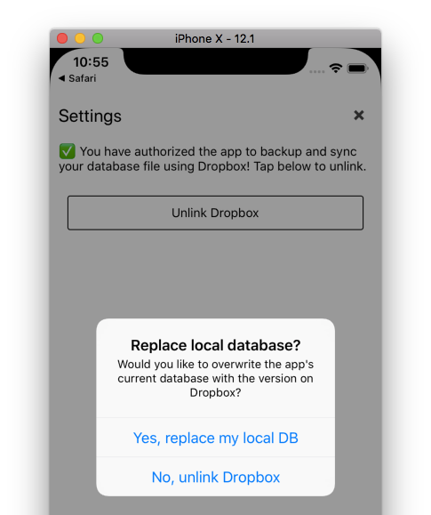 Prompt on-device to see if the user would like to replace their local DB with the Dropbox copy