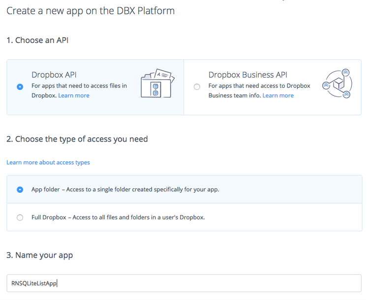 Dropbox new app wizard settings
