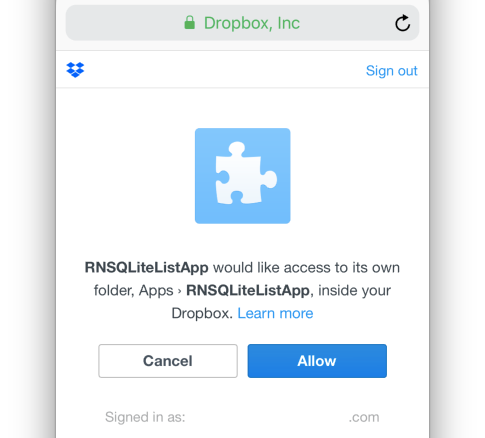 Authorize step on dropbox.com