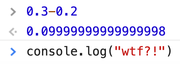 Console output showing how 0.3-0.2 does not exactly equal 0.1