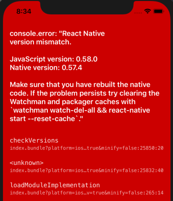 Red screen on iPhone simulator saying that the version of native code does not match the Javascript version