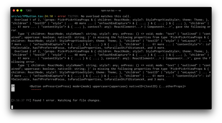 TypeScript error shown printed to the terminal. The error text is duplicated in the code block below this image.