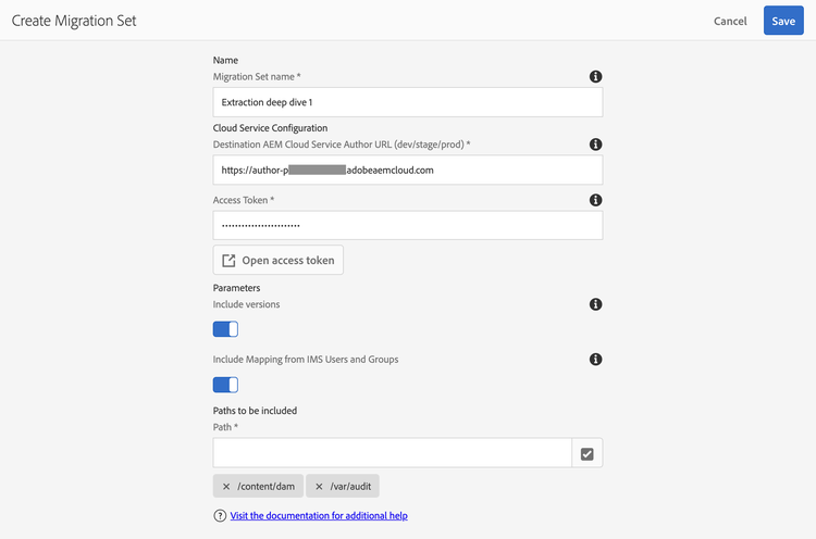 Create migration set form, all filled out