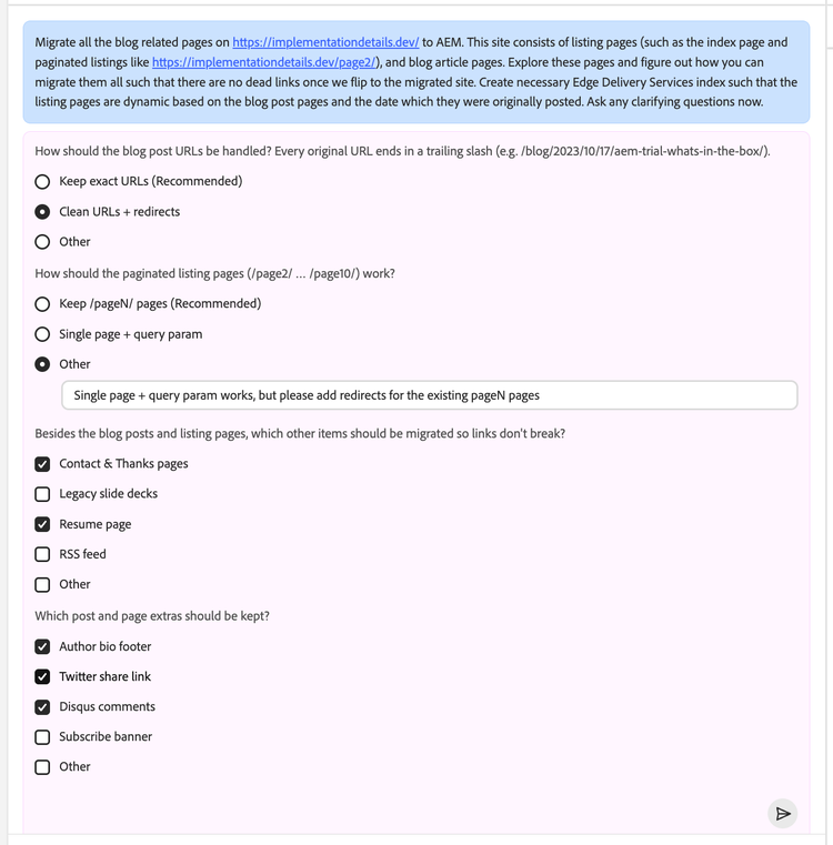 EMA's clarifying questions after the kickoff prompt. Selected answers: clean URLs with redirects, a single listing page with a query param plus redirects for old /pageN/ URLs, migrate the contact, thanks and resume pages, and keep the author bio, Twitter share link and Disqus comments.
