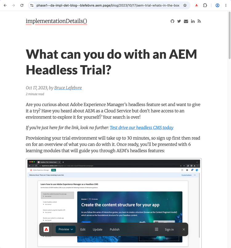 The same article migrated to Edge Delivery Services on the phase1 aem.page preview, visually identical to the original, with the AEM Sidekick toolbar at the bottom.
