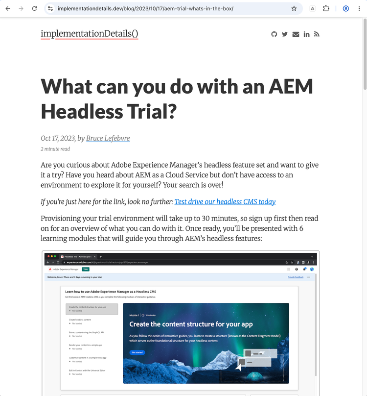 The original Jekyll blog at implementationdetails.dev showing the article "What can you do with an AEM Headless Trial?"