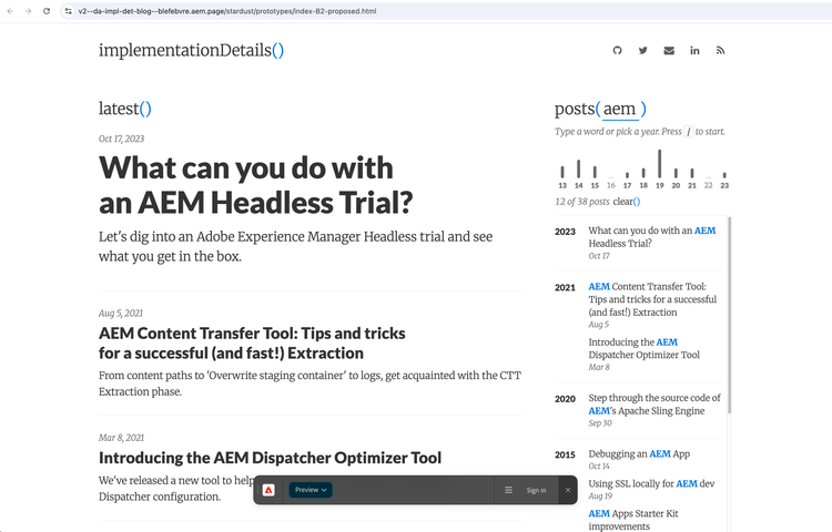Refined homepage with a post browser: a search for "aem", a bar chart of posts per year from 2013 to 2023, and 12 of 38 posts matching, with the term highlighted.
