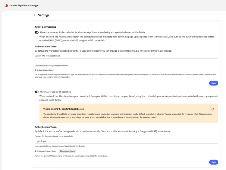 EMA Settings page with both agent permissions enabled: Adobe credentials for admin.hlx.page and Document Authoring, and git credentials using a custom fine-grained GitHub token