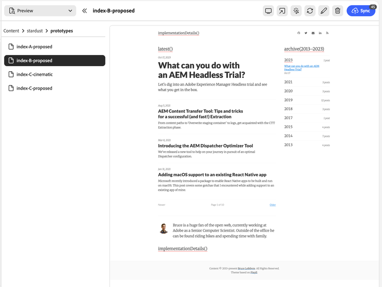 EMA preview of Stardust's "B" homepage prototype, one of four options, with the latest posts on the left and a post archive by year on the right.