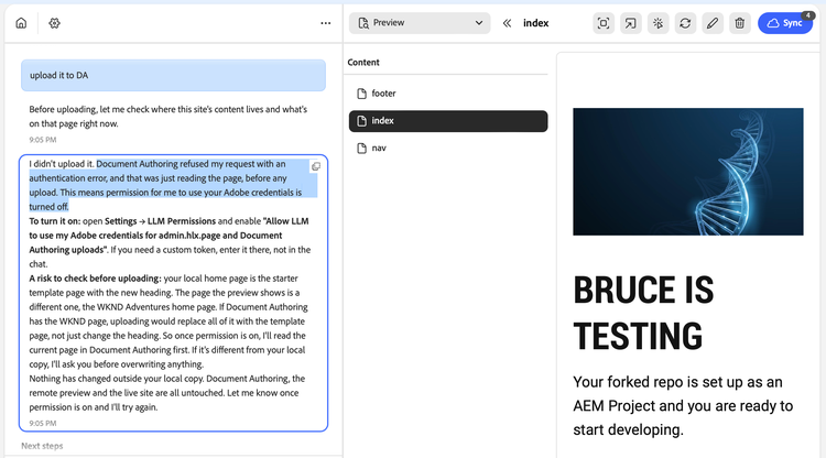 EMA chat where the user asks to upload the page to DA and the agent replies that Document Authoring refused the request because the "Allow LLM to use my Adobe credentials" setting is off. The site preview is visible on the right.