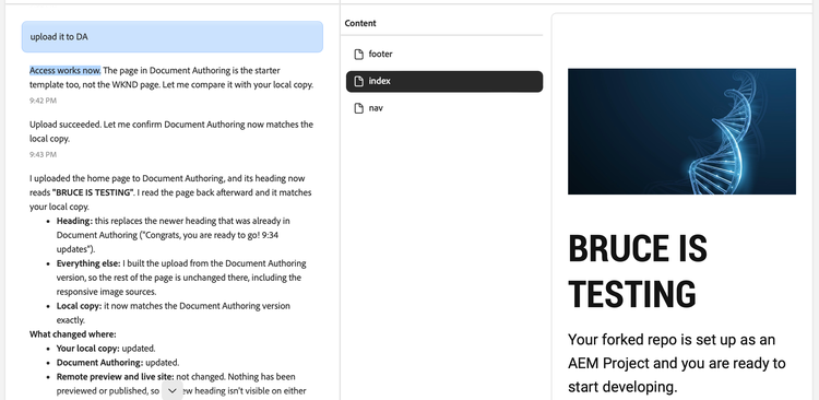EMA chat after the setting is enabled: the agent confirms access works, uploads the home page to Document Authoring, and lists what changed. The preview shows the updated heading "BRUCE IS TESTING".