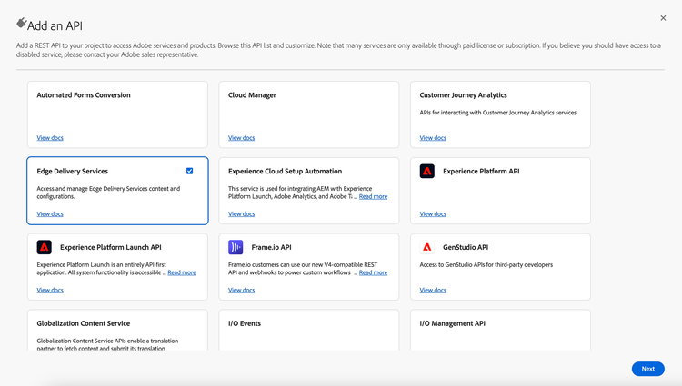 Adobe Developer Console "Add an API" dialog with the Edge Delivery Services card selected and the Next button in the lower right.